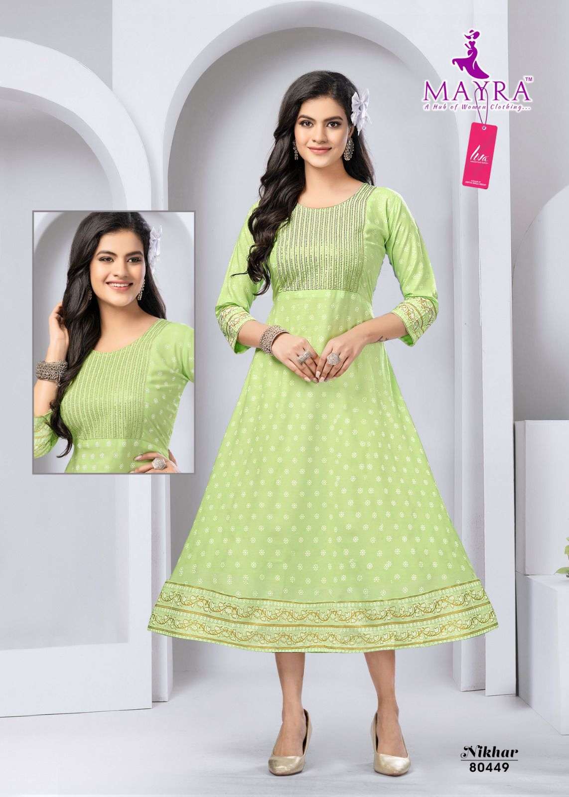 NIKHAR HEAVY LIVA TAG VISCOSE REYON  EMBROYDERY WORK UMBERALLA CUT KURTI BY MAYRA 1002